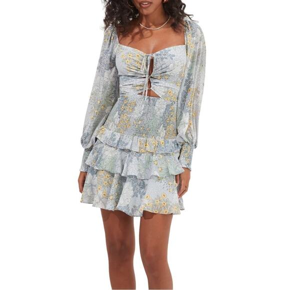 NWT ASTR Marietta Cut Out Floral Print Smocked Tiered Ruffle Mini Dress - Picture 4 of 7